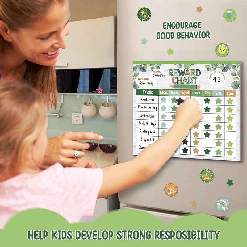 KEASKELL Reward Chart for Kids,Magnetic Behavior Chore Chart for Kids at Home,26 Eucalyptus Chore Charts,1960 Star Stickers,56 Reward Stickers,Incentive Chart to Develop Responsibility and Good Habits,Greenery - Image 5
